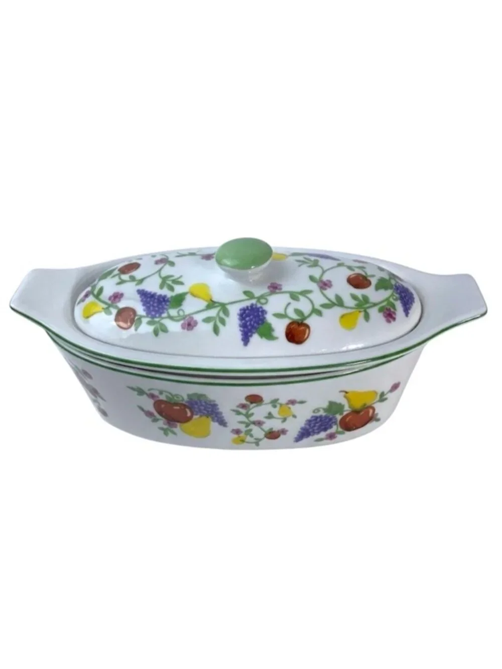 French Covered Butter Bell Dish White Multicolor Fruit 3 Piece Cook St Vintage